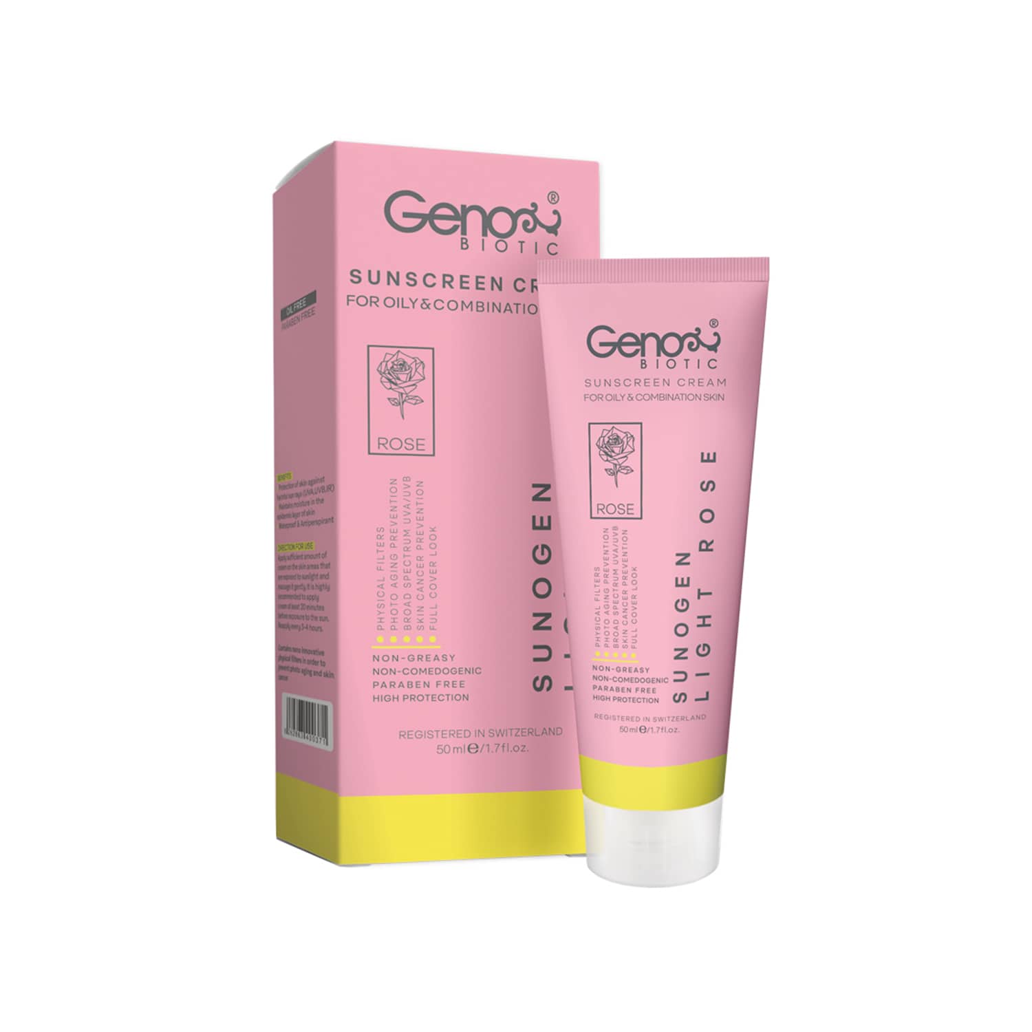 lll کرم ضد آفتاب رز روشن با SPF50 مناسب پوست چرب و مختلط 50 میلی لیتر ژنوبایوتیک - Image 1